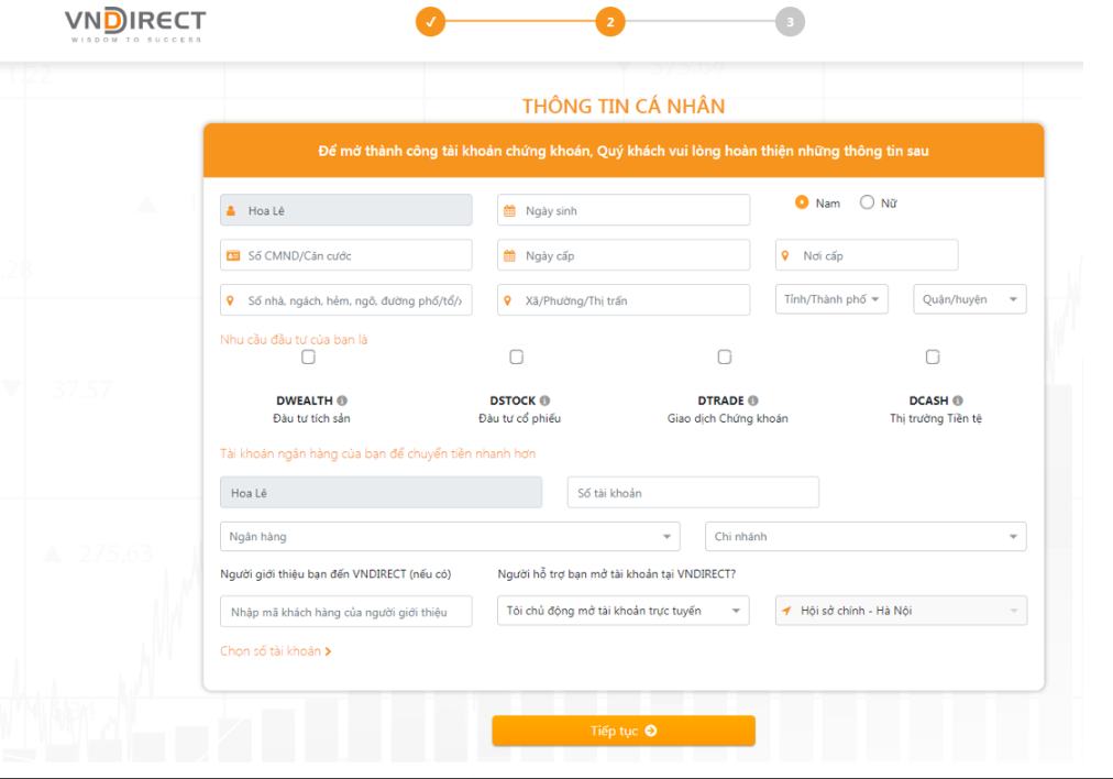 Điền đầy đủ thông tin hiển thị trên website của công ty chứng khoán mà bạn chọn